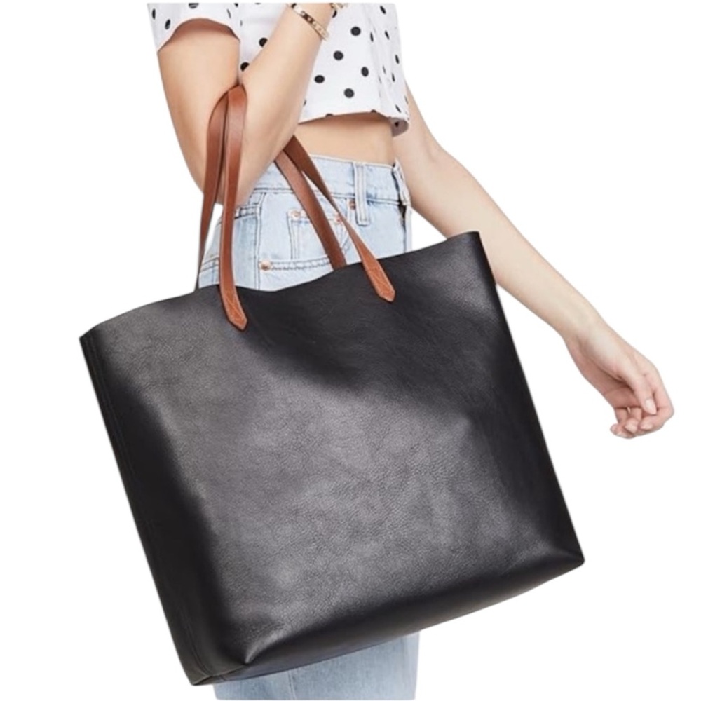 NWT Madewell Elegant Black Tote with Brown Handles. Spacious. Work bag